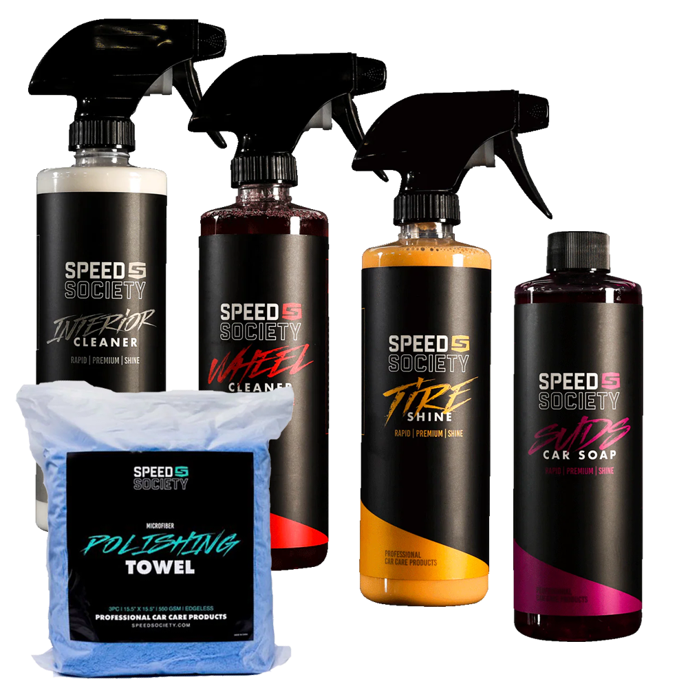 Speed Society At-Home Deep Clean Kit with car soap, wheel cleaner, tire shine, interior cleaner and towels