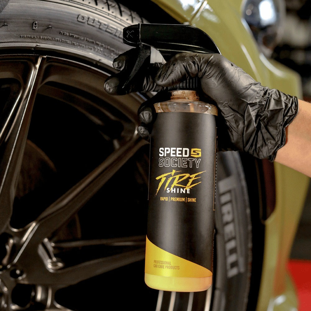 Speed Society Tire Shine on a car tire