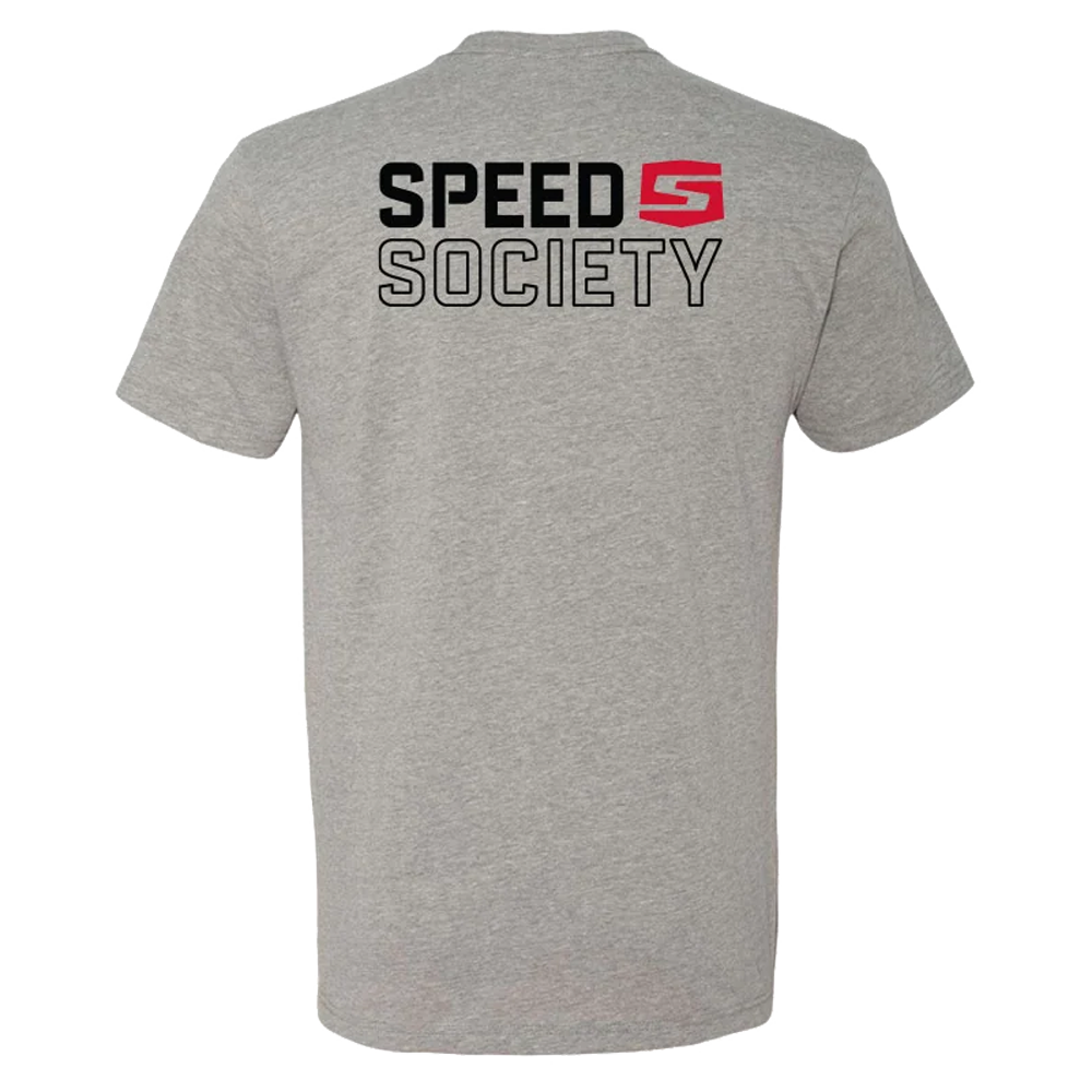 A heather gray short-sleeve t-shirt shown from the back, featuring a 'SPEED SOCIETY' graphic printed across the upper back in black and red.
