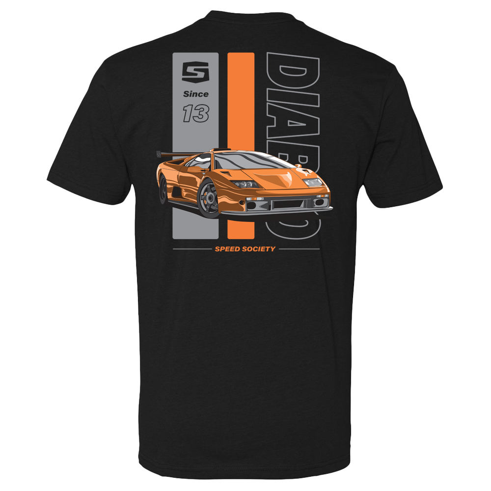 Back of the black Speed Society Diablo T-Shirt with orange supercar illustration