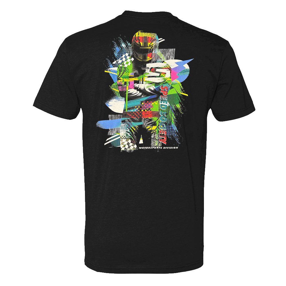 Back of the black Speed Society Driver T-Shirt with street-art racing graphic