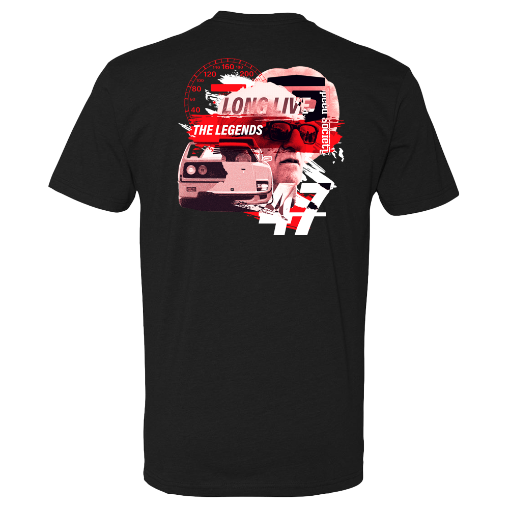 Back of the black Speed Society Enzo T-Shirt with red, white and black collage