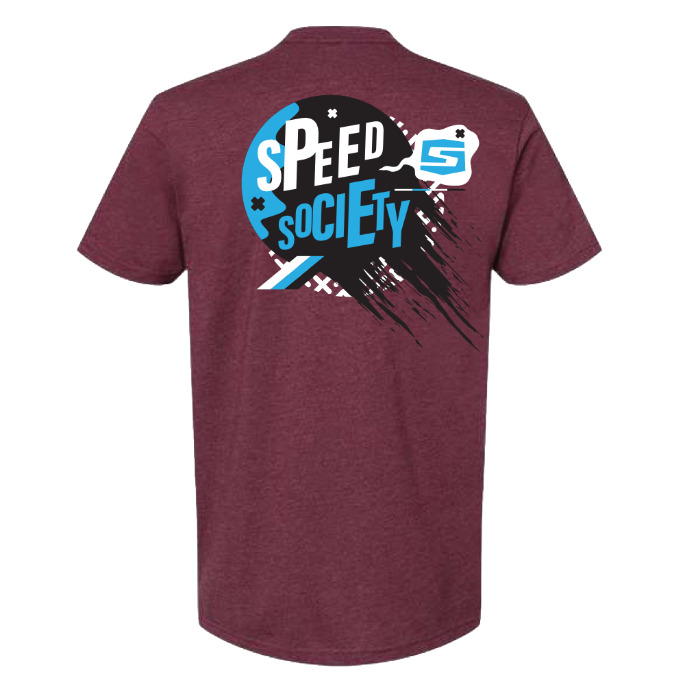 Back of the heather maroon Speed Society Offset T-Shirt