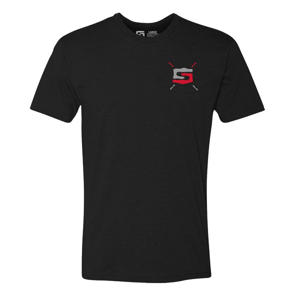 Front of the black Speed Society Pass T-Shirt with small chest graphic