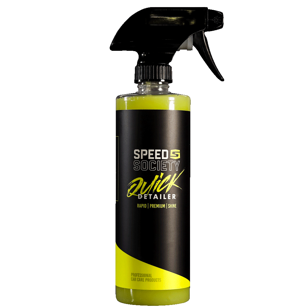 Speed Society Quick Detailer spray bottle · Glossy car hood being buffed with a microfiber towel after Quick Detailer
