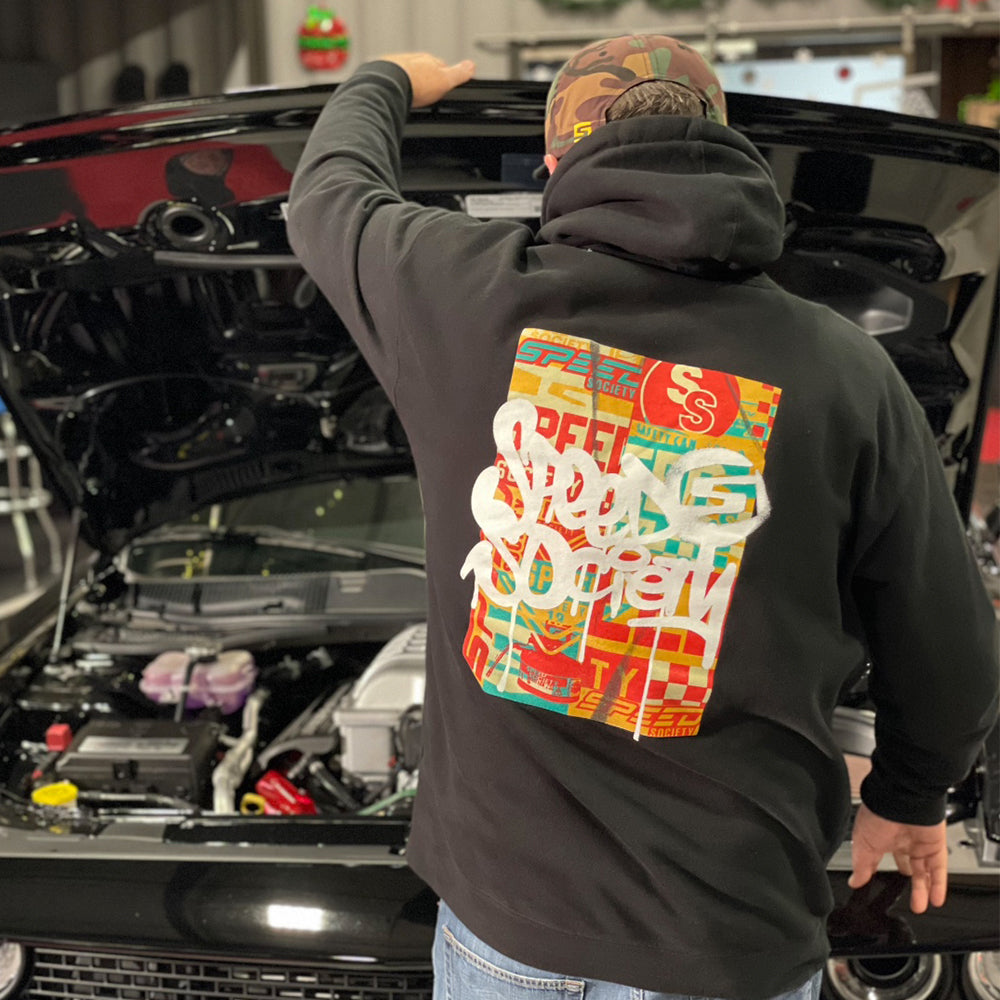 Black Paste Up hoodie, back, lifestyle photo