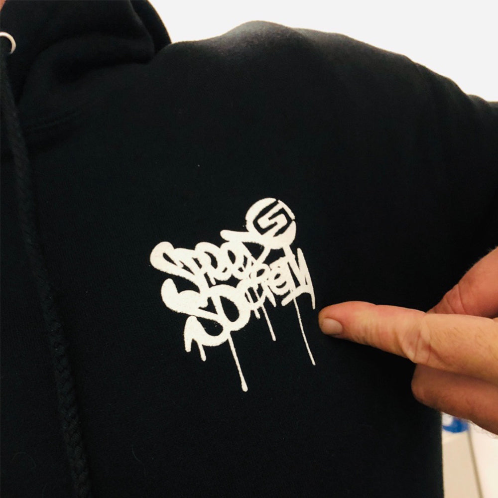 Black Paste Up hoodie, front, lifestyle photo
