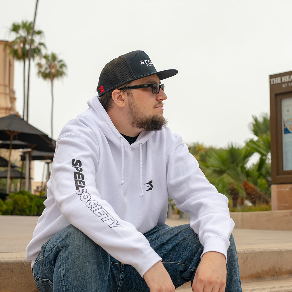 White Speedline pullover hoodie, front, lifestyle photo