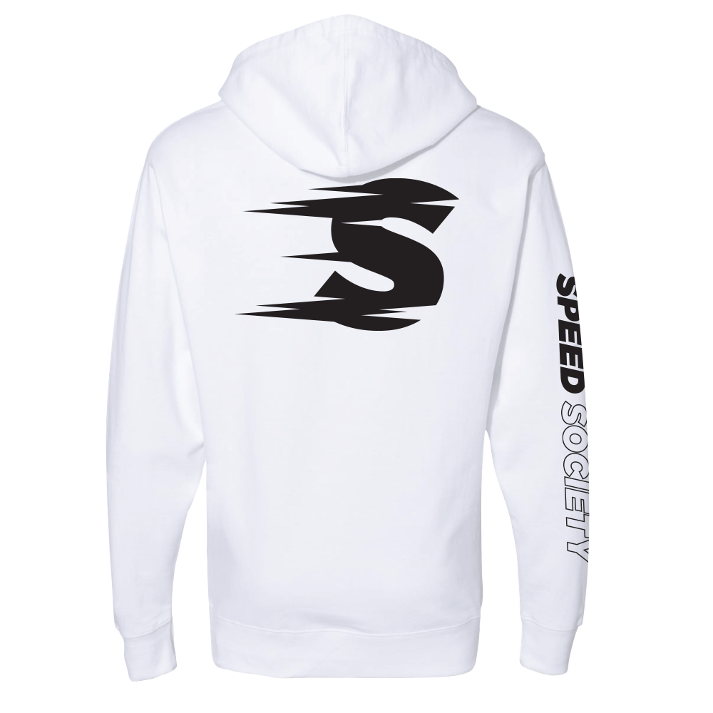 Back of the white Speed Society Speedline pullover hoodie