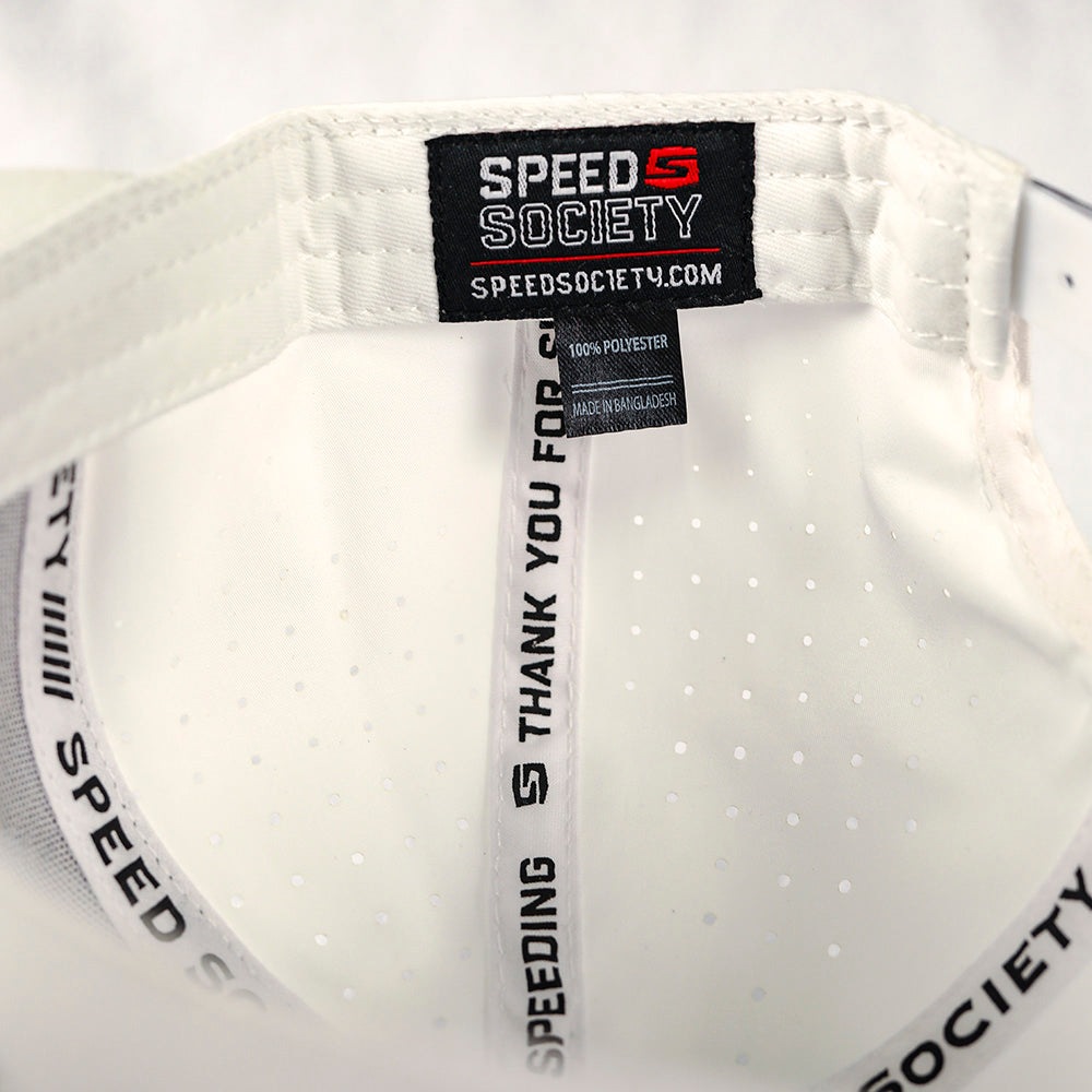 White Speed Society Avenue laser-perforated snapback, lifestyle photo