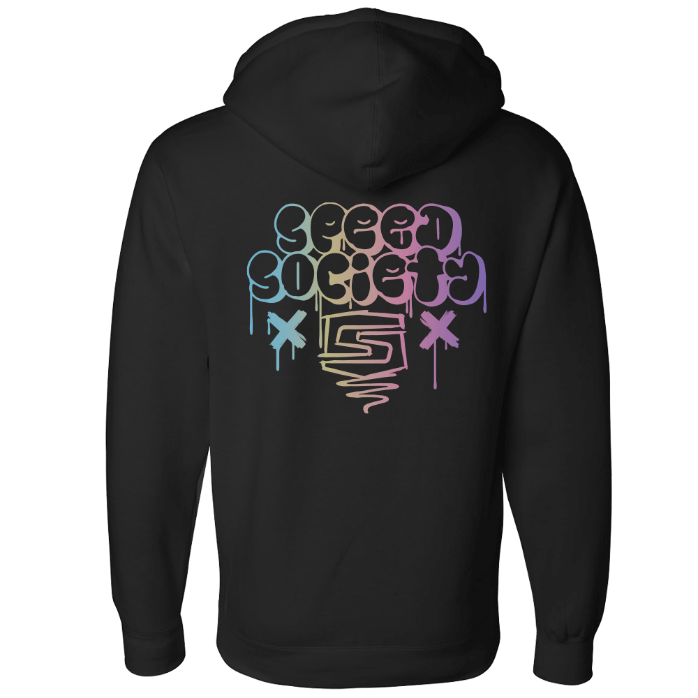 Back of the black Speed Society Marshmellow hoodie with drip logo