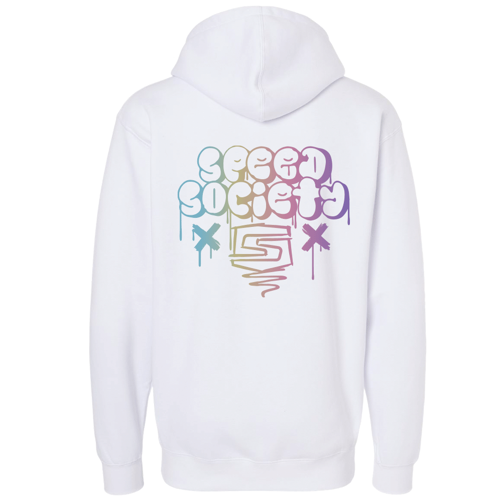 Back of the white Speed Society Marshmellow hoodie with drip logo